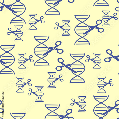 Seamless pattern with DNA and genetic scissors. Randomly spaced items. A simplified depiction of scissors cutting a strand of DNA. Flat design.