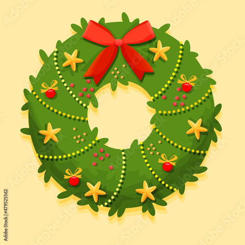 Christmas wreath decoration for Christmas with a large red bow, garlands, gold stars and red balls. Flat design.