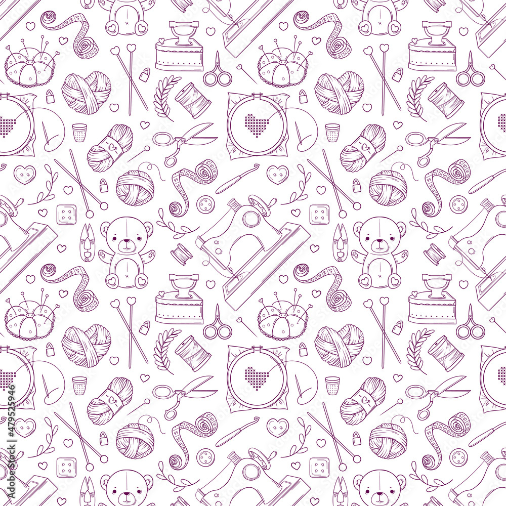 Vector seamless pattern with objects for sewing, knitting and hand craft in doodle style