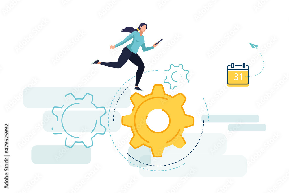 Athletic girl on a treadmill with a phone, business. Concept of achieving business goal, business woman winner. Green and yellow design, background. Social digital network. Vector illustration, icons