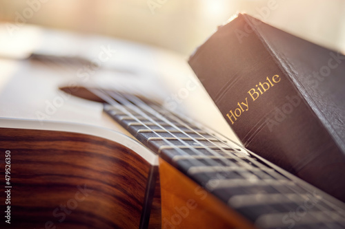 Принти на полотні Holy Bible with guitar gospel music concept