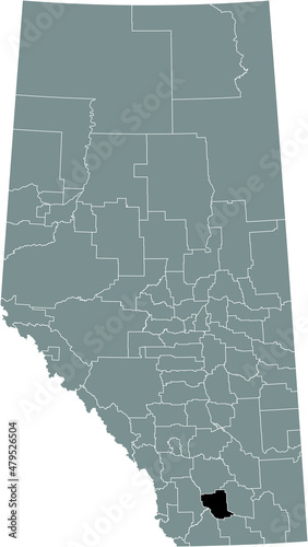 Black flat blank highlighted location map of the LETHBRIDGE COUNTY municipal district inside gray administrative map of the Canadian province of Alberta, Canada