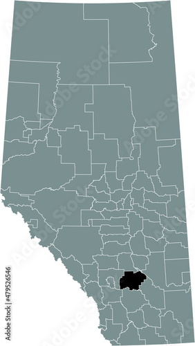 Black flat blank highlighted location map of the WHEATLAND COUNTY municipal district inside gray administrative map of the Canadian province of Alberta, Canada