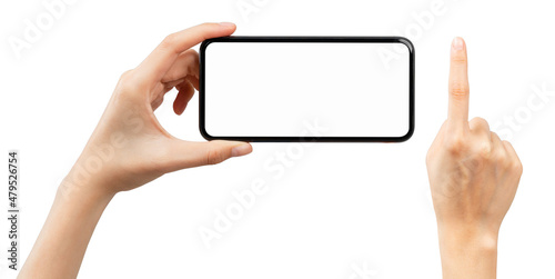 Close-up of hand holding the black smartphone with blank screen, mock-up for application with clipping path..