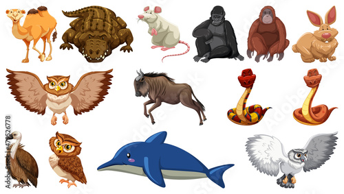 Set of different wild animals cartoon characters