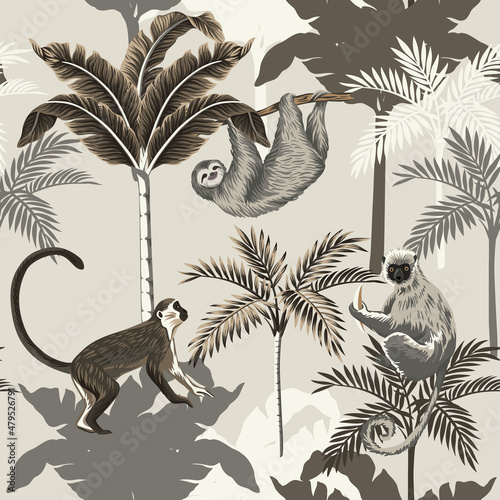 Tropical vintage monkey, sloth animal, palm trees floral seamless pattern grey background. Exotic jungle wallpaper.