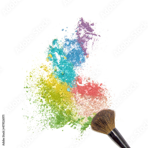 Colorful eye shadow, crushed cosmetic isolated on white background with brush. A smashed, bright toned eyeshadow make up palette