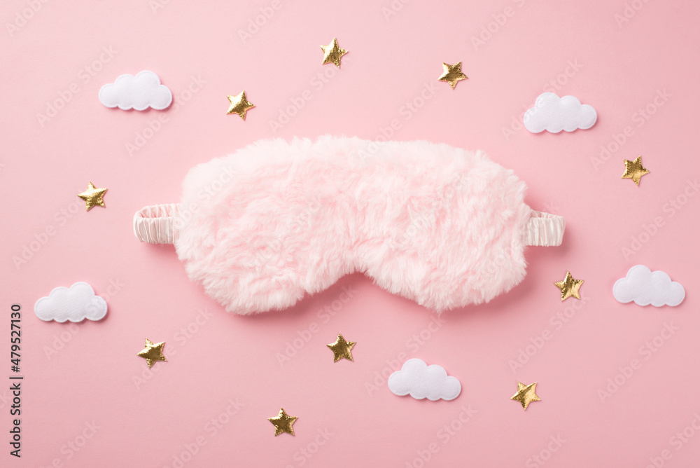 Top view photo of pink fluffy sleeping mask clouds and golden stars on isolated pastel pink background with empty space - obrazy, fototapety, plakaty 