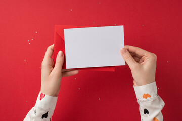 First person top view photo of valentine's day decor girl's hands in white shirt holding envelope and paper sheet over shiny sequins on isolated red background with empty space