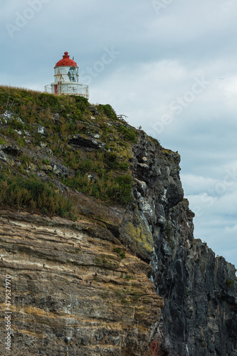 ニュージーランド ダニーデンのオタゴ半島にあるロイヤル・アルバトロス・センター周辺にあるタイアロア・ヘッド灯台と断崖絶壁の崖