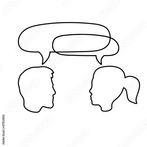 Dialogue between people. Outline the heads of characters. Communication and conversation. Woman and man are talking. Bubble cloud.