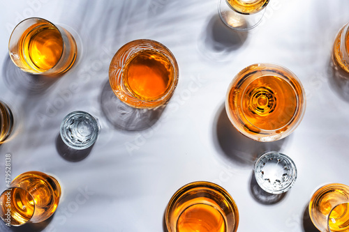 Canvas Print Strong drinks, spirits and distillates in glasses: cognac, grappa, vodka, whiskey and other in assortment