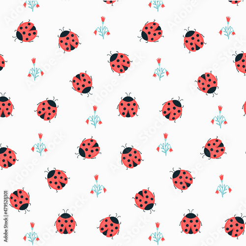 Seamless pattern with ladybug and botanical elements. Vector pattern in cartoon style. For fashion, fabric, wallpaper and all prints on a white background