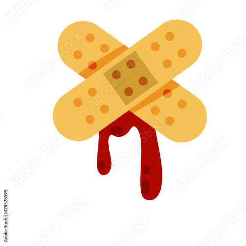 Bandage. Treatment of injury. Medical band aid. Cut with blood. Stopping the bleeding.