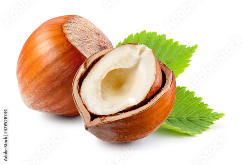 Photos Filberts with leaves isolated on a white background.