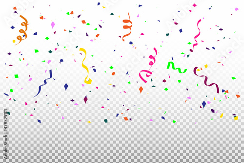 Colorful ribbons and confetti vector background Holiday festive background, Vector confetti, Falling golden confetti celebration background