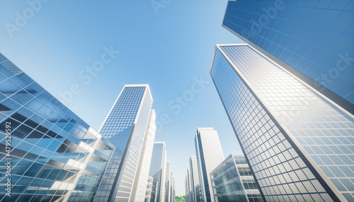 3d rendering of modern building or skyscraper and blue sky in city or downtown. That is real estate  property  house or residential. Concept for corporate  business center  finance and background.