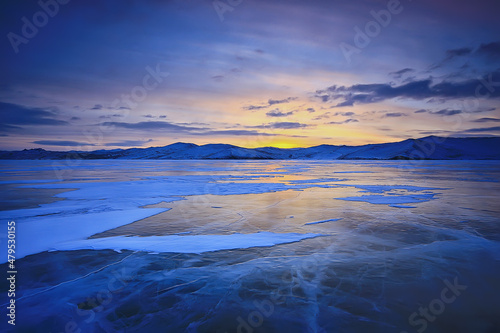 baikal ice landscape, winter season, transparent ice with cracks on the lake © kichigin19