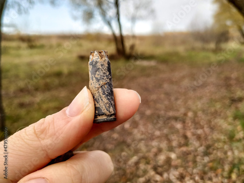 Used, fired cartridge, holder from the machine gun in the hand. Man raises cartridges, crime, detective, investigation photo