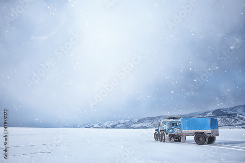 off-road vehicle on the ice of lake baikal, olkhon travel extreme road auto in winter © kichigin19