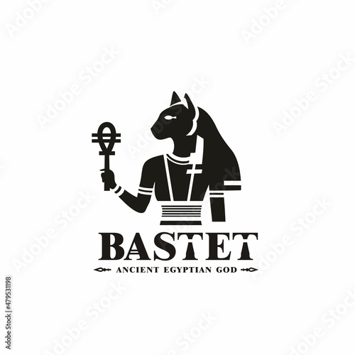 Ancient egypt god of protection bast silhouette, middle east ruler cat with crown and death symbol