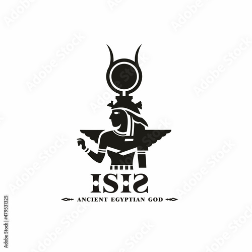 ancient egyptian god isis silhouette. middle east beauty queen with sun crown and scepter photo