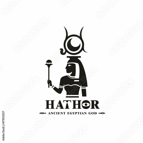 Ancient egyptian god hathor silhouette. middle east beauty queen with crown and sun photo