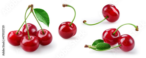 Cherry isolated. Sour cherry collection. Cherries with leaves on white background. Sour cherri set.