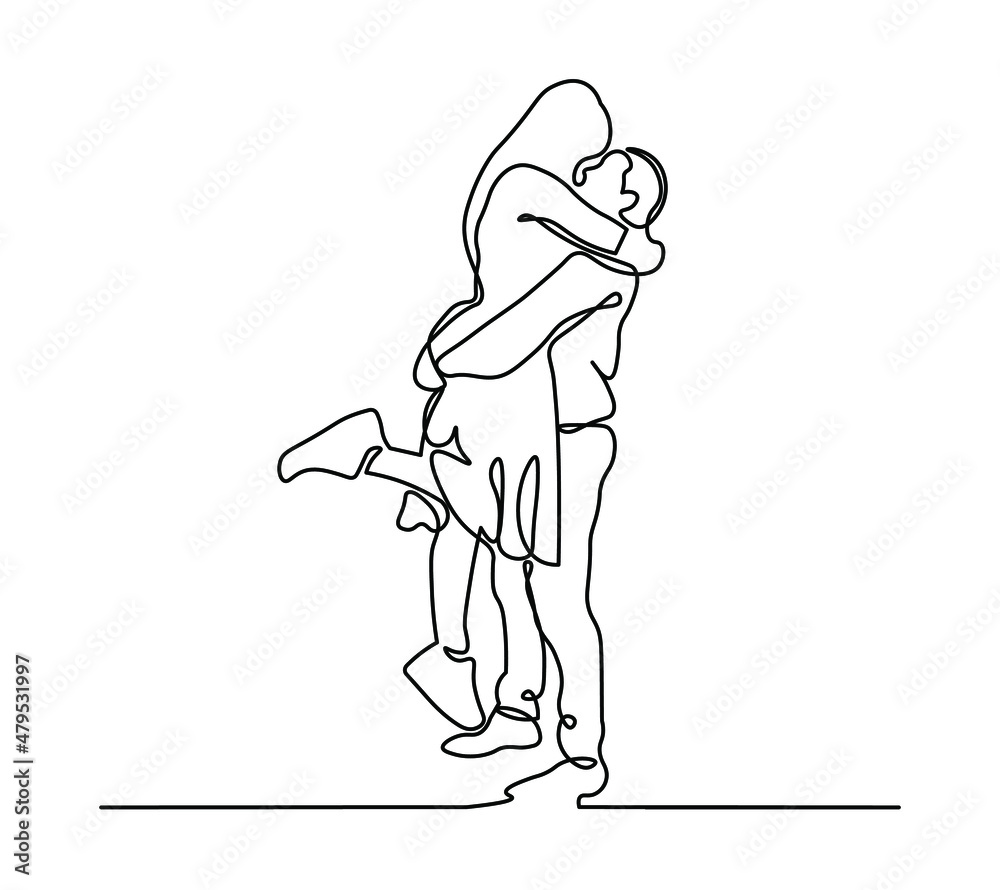 Man holding woman and kissing her one line illustration