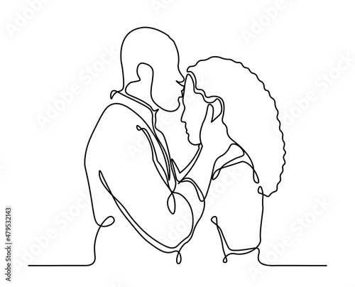 Man kissing woman on the forehead one line illustration