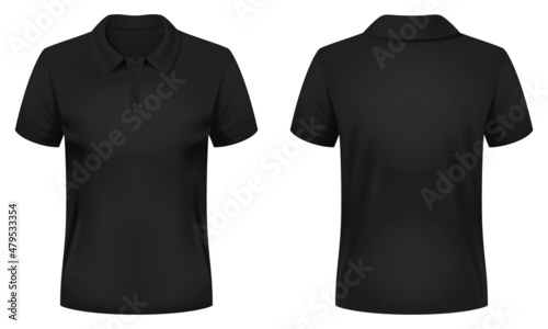 Blank black polo shirt template. Front and back views. Vector illustration.