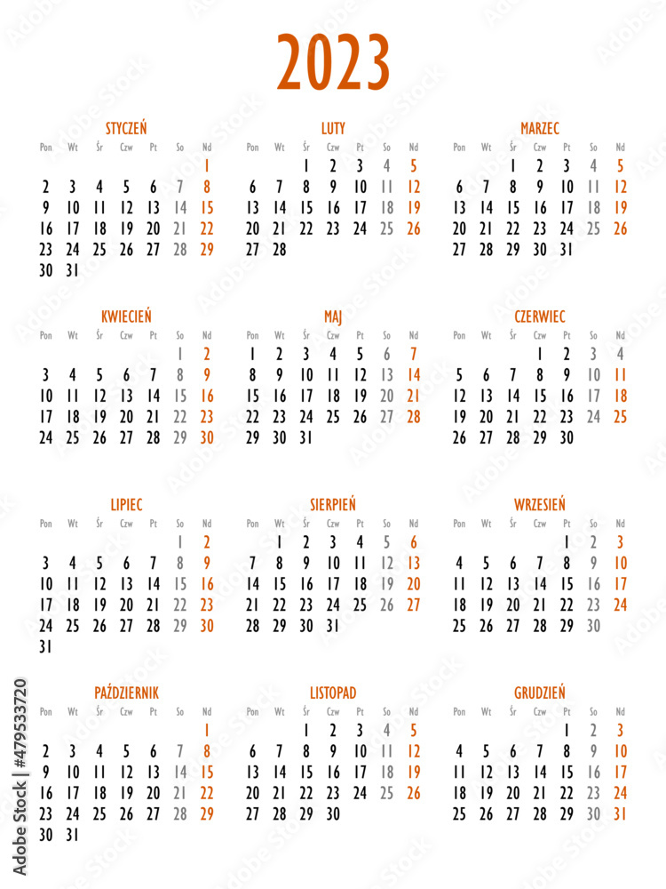 Calendar for 2023 year brown with polish characters