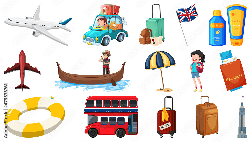 Set of summer vacation objects and elements Set of summer vacation objects and elements
