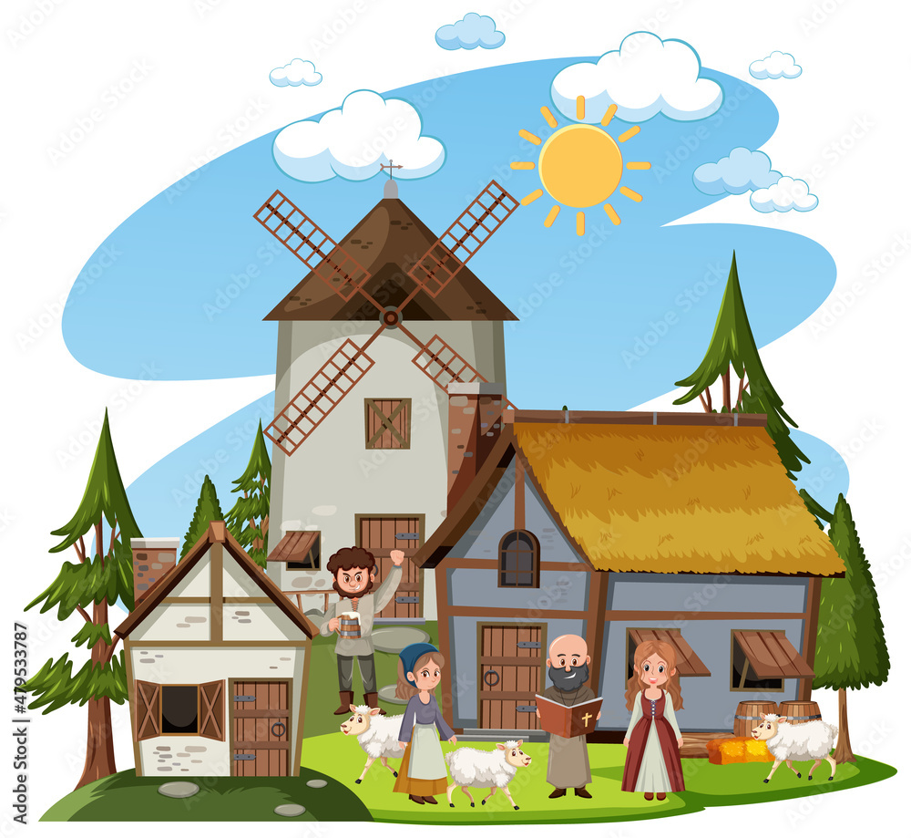 Medieval town with villagers on white background
