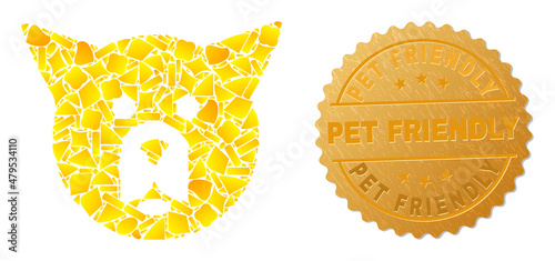 Golden composition of yellow particles for dog head icon, and gold metallic Pet Friendly stamp seal. Dog head icon composition is done of random golden items.