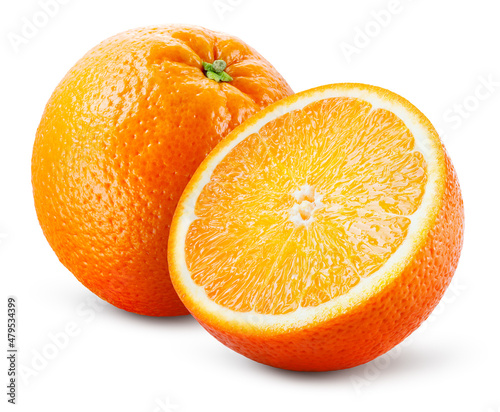 Orange isolate. Orange fruit with a half on white background. Orang with slice. Full depth of field.
