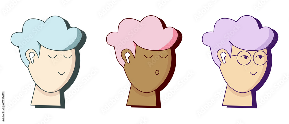 Set of boys with headphones isolated on white background. Icons of nice guys with purple, blue and pink hair listening to music. Vector illustration Set of boys with headphones isolated on white background. Icons of nice guys with purple, blue and pink hair listening to music. Vector illustration