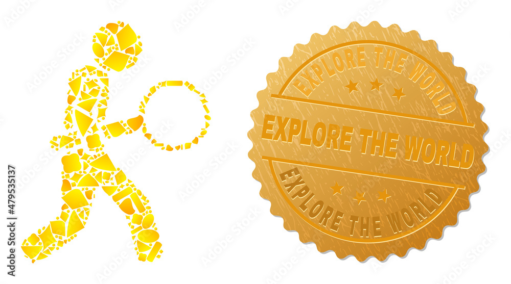 Golden composition of yellow parts for zoom glass inspector icon, and gold metallic Explore the World stamp seal. Zoom glass inspector icon collage is composed of scattered golden parts. Golden composition of yellow parts for zoom glass inspector icon, and gold metallic Explore the World stamp seal. Zoom glass inspector icon collage is composed of scattered golden parts.