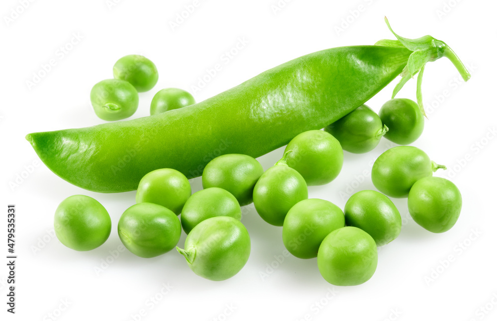Green peas isolated. Fresh green peeled peas and a pod on white background. - obrazy, fototapety, plakaty 