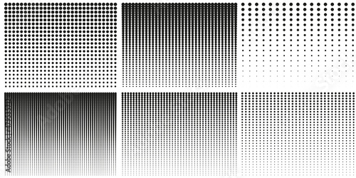 Halftone Rectangles Pictogram Set. Gradient Geometric Dots Background. Abstract Black and White Raster. Vertical Gradation Effect. Fade Half Tone. Pattern. Isolated Vector Illustration