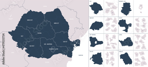 Vector color detailed map of Romania with administrative divisions of the country, each regions is presented separately in highly detailed and divided into counties