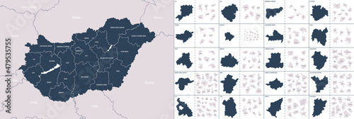Vector color detailed map of  Hungary with administrative divisions of the country, each counties is presented separately in highly detailed and divided into districts