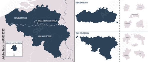 Vector color detailed map of Belgium with administrative divisions of the country, each regions is presented separately in highly detailed and divided into provinces