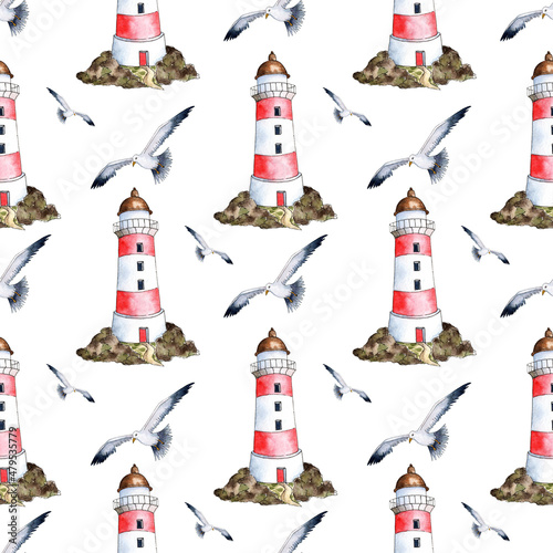 Watercolor illustration of a lighthouse pattern with red and white stripes stands on rocks and seagulls. Seamless repeating nautical print, sailing aid. Isolated over white background. Drawn by hand.
