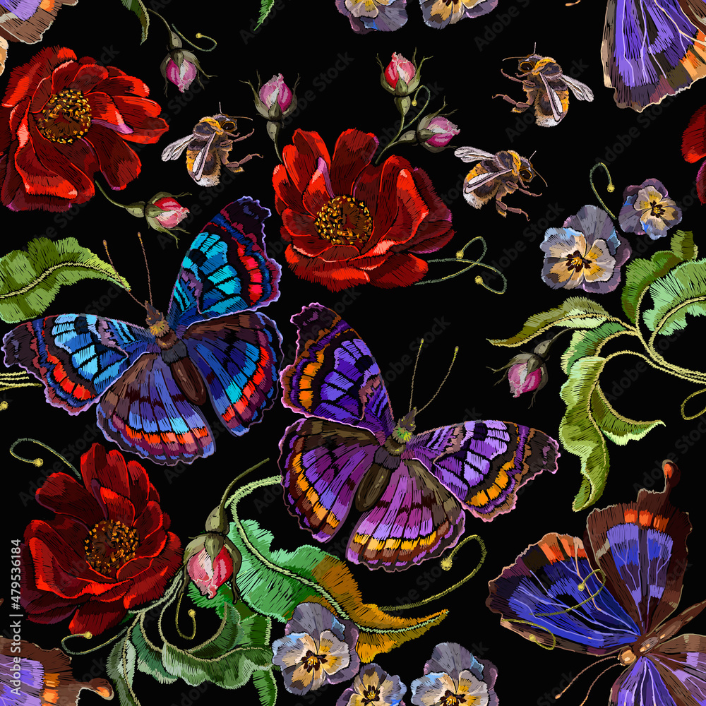 Embroidery butterflies and red flowers, seamless pattern. Fashion template for clothes, t-shirt design. Summer garden background