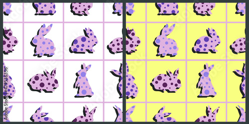 Vector seamless set. The contours of the rabbits, filled with circles inside, are divided by lines into squares. On an isolated background. 