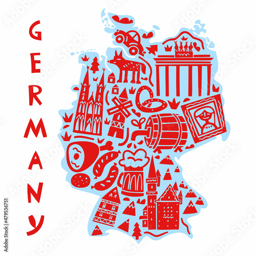 Vector hand drawn stylized map of German landmarks. Travel illustration. Federal Republic of Germany geography illustration. Europe map element