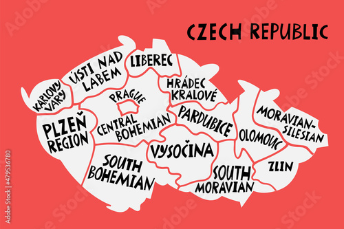 Vector hand drawn stylized map of Czechia regions. Travel illustration. Czech Republic geography illustration. Europe map element