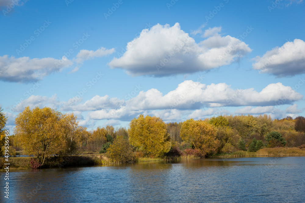 Autumn forest behind the lake. Sky with sun and white clouds. Red-green forest.