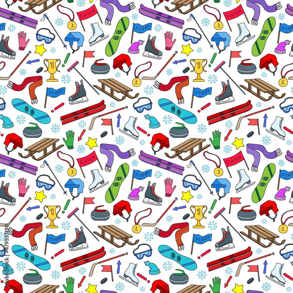 Obraz premium Seamless pattern on the theme of winter sports, simple icons on white background